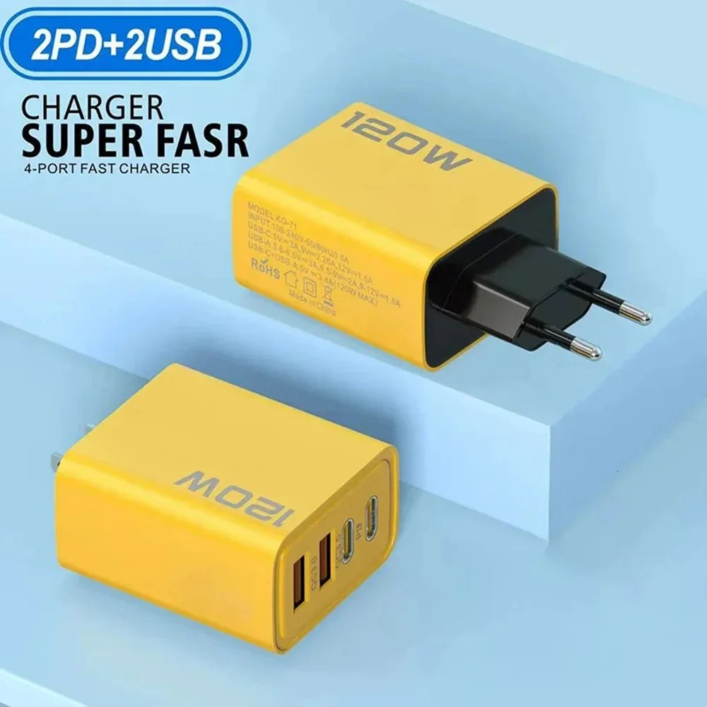 4 Port USB Charger Total 120W Type C Fast Charge Mobile Phone Adapter For iPhone Samsung Xiaomi Huawei Quick Charge Wall Charger